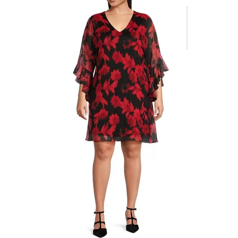 Calvin Klein Dress Size 18W V-neck Floral Chiffon With Metallic Threads A1.3